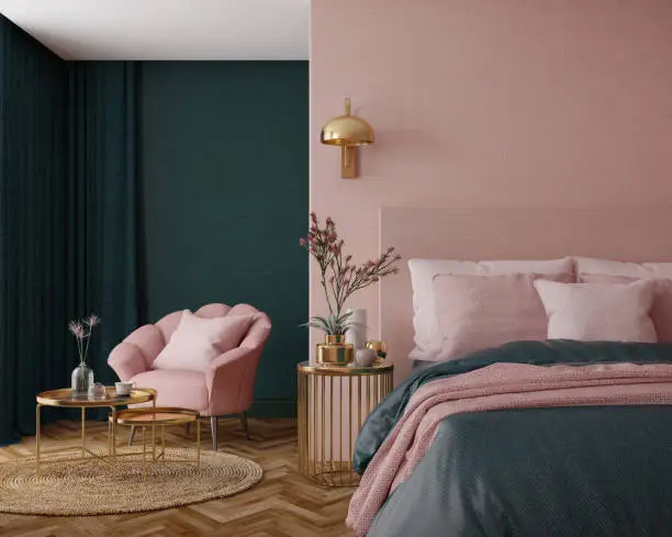 Bedroom with blush pink and deep teal wall paint colors by an interior painter in Boone County, IL