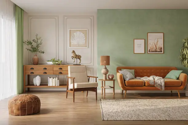 Living room with sage green, warm neutral walls and matte finishes, by a house painter in McHenry County, IL.
