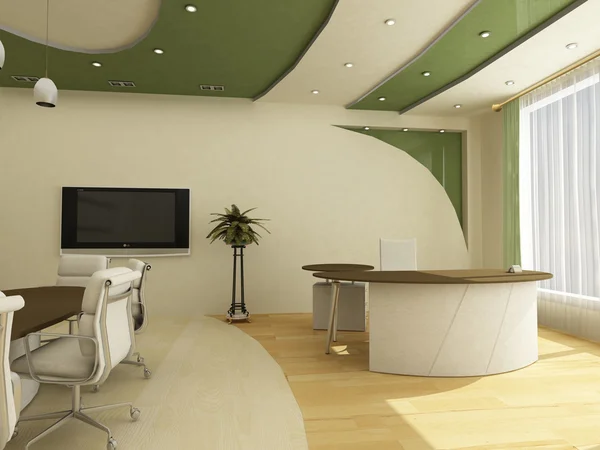 Office with cream walls, green accent paint and smooth matte finishes by an interior painter in Kenosha County, WI.